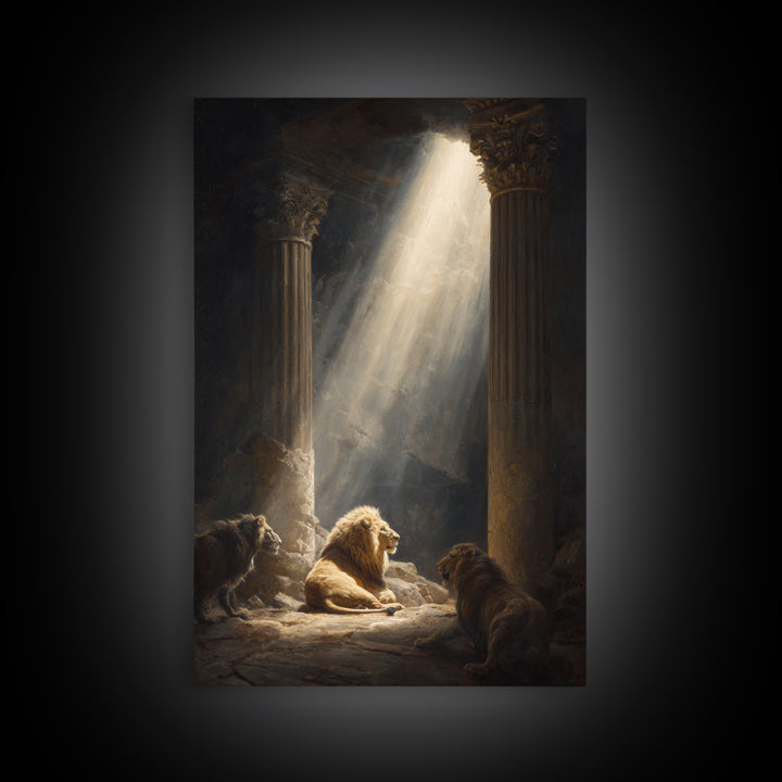Majestic Lions In Sunlit Ancient Ruins Dramatic Wall Art Canvas Print For Wildlife And Animal Lovers Home Decor