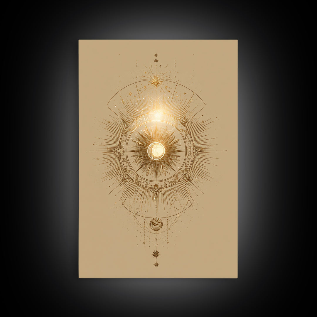 Golden Celestial Sun Mandala Wall Art, Mystical Moon Phase Art Print, Spiritual Home Decor, Boho Meditation Room Decor, Gift For Her
