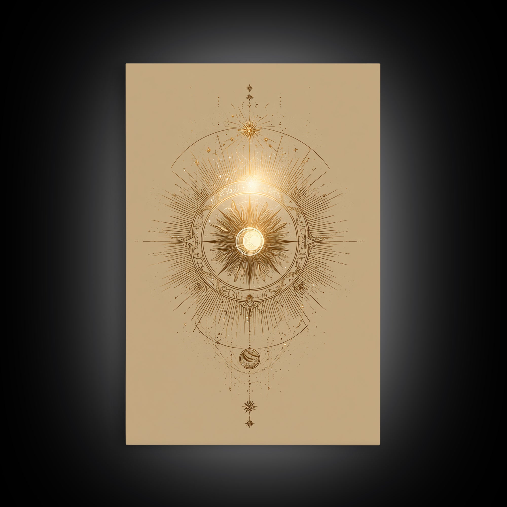 Golden Celestial Sun Mandala Wall Art, Mystical Moon Phase Art Print, Spiritual Home Decor, Boho Meditation Room Decor, Gift For Her