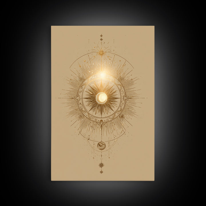 Golden Celestial Sun Mandala Wall Art, Mystical Moon Phase Art Print, Spiritual Home Decor, Boho Meditation Room Decor, Gift For Her