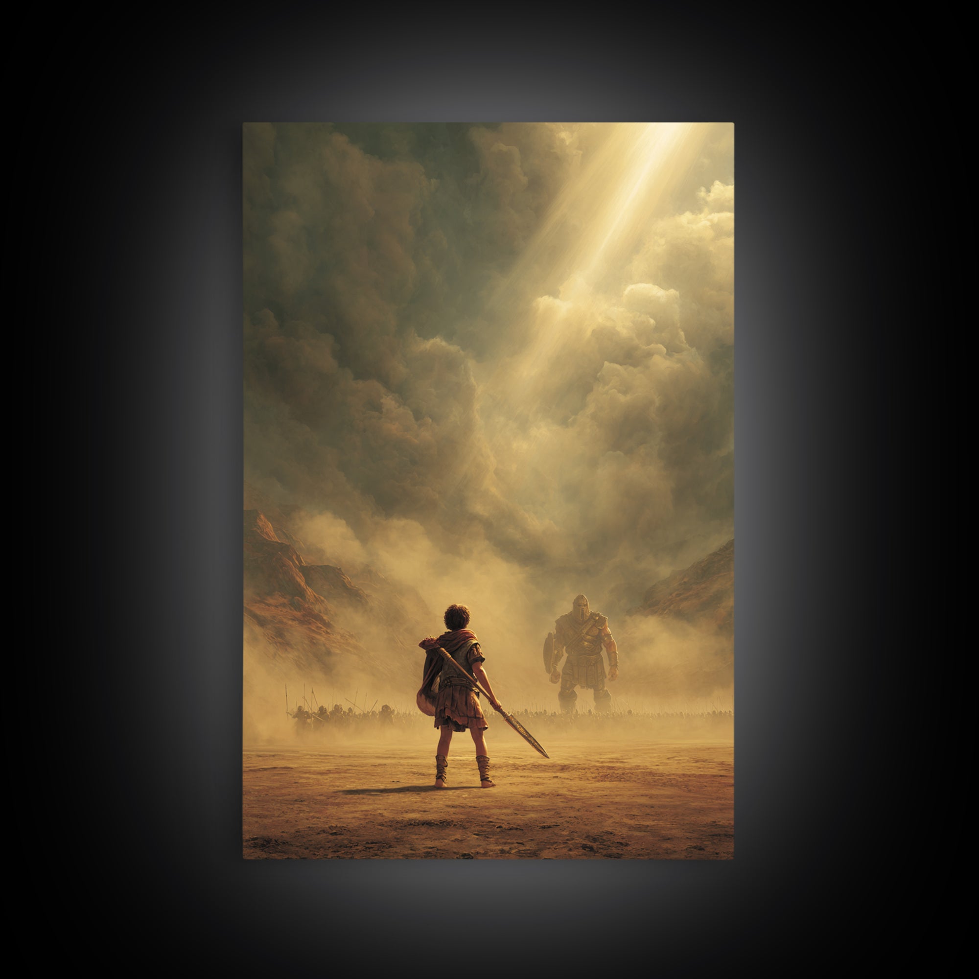 Epic Ancient Warrior Facing Giant In Dramatic Dusty Battlefield Sunlight Wall Art Framed Canvas Print For Living Room Decor