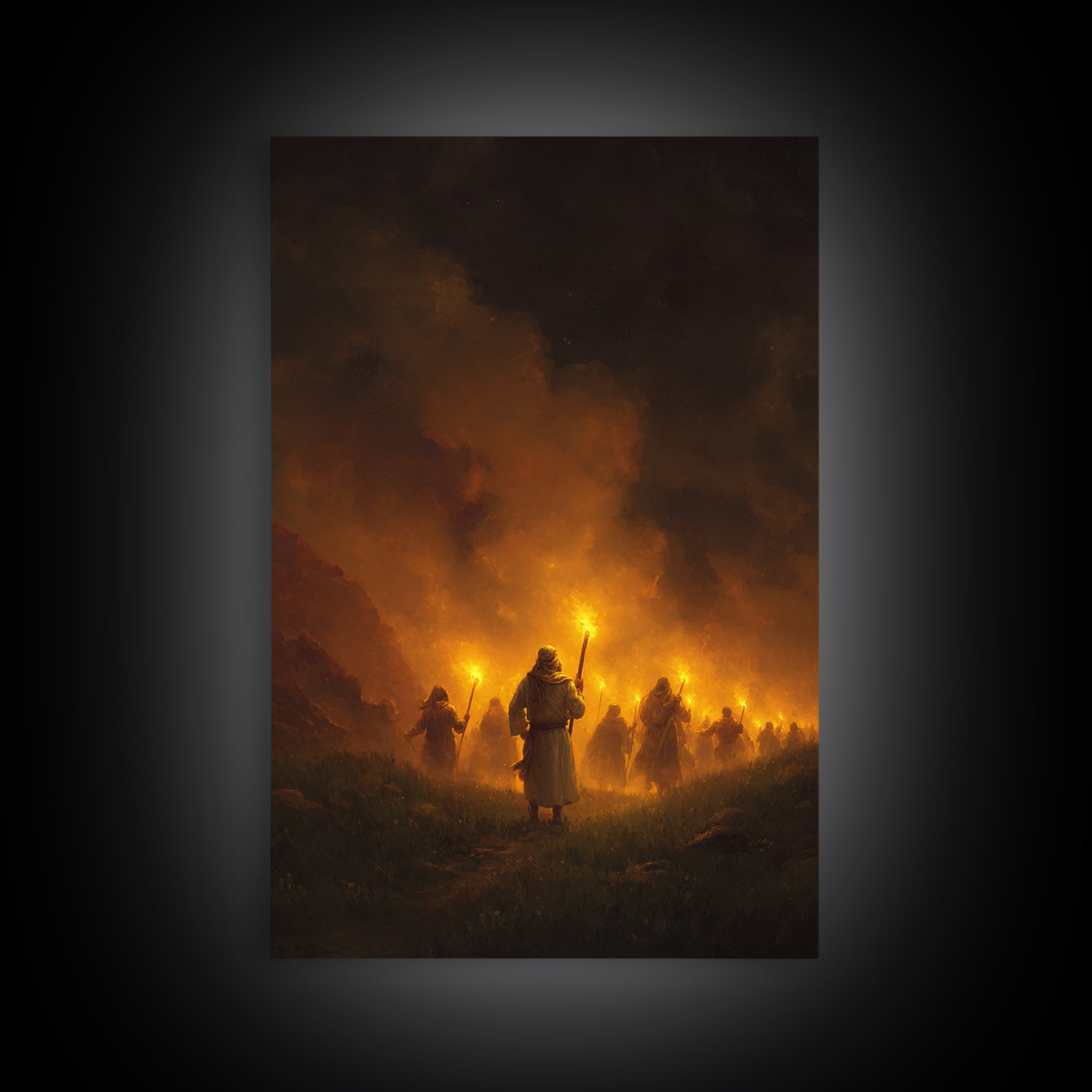 Medieval Procession With Illuminated Torches Dramatic Scene Wall Art Framed Canvas Print For Home And Office