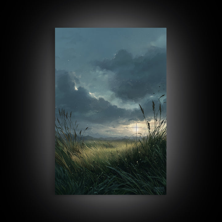Serene Landscape With Cross At Sunset Over Grass Field - Beautiful Wall Art Framed Canvas Print For Peaceful Home Decor