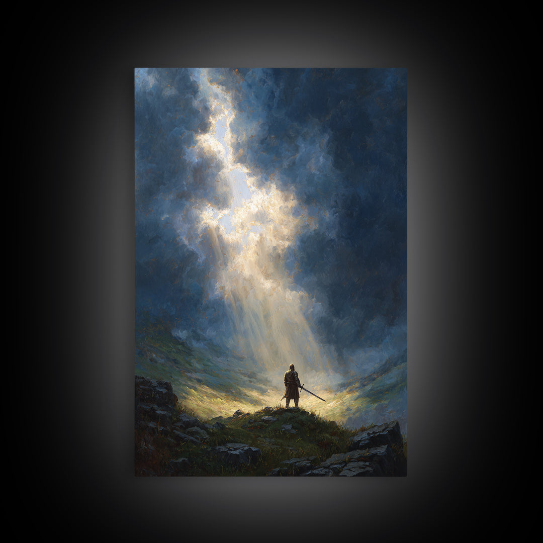 Dramatic Epic Knight Standing Among Mountains With Sword Overlooking Landscape Inspirational Wall Art Canvas Print
