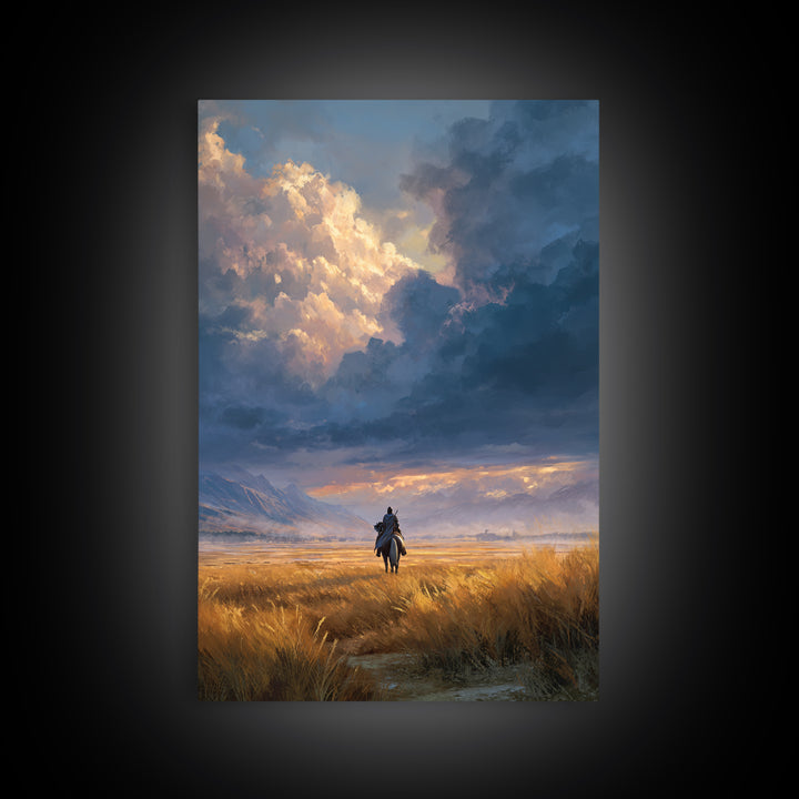 Lonely Rider In Vast Field With Dramatic Sky Landscape Painting Wall Art Framed Canvas Print