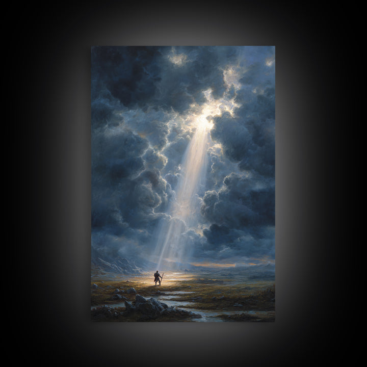 Heroic Fantasy Painting Knight Standing In Beam Of Light Under Dramatic Sky - Canvas Print For Epic Wall Art And Mythical Home Decor