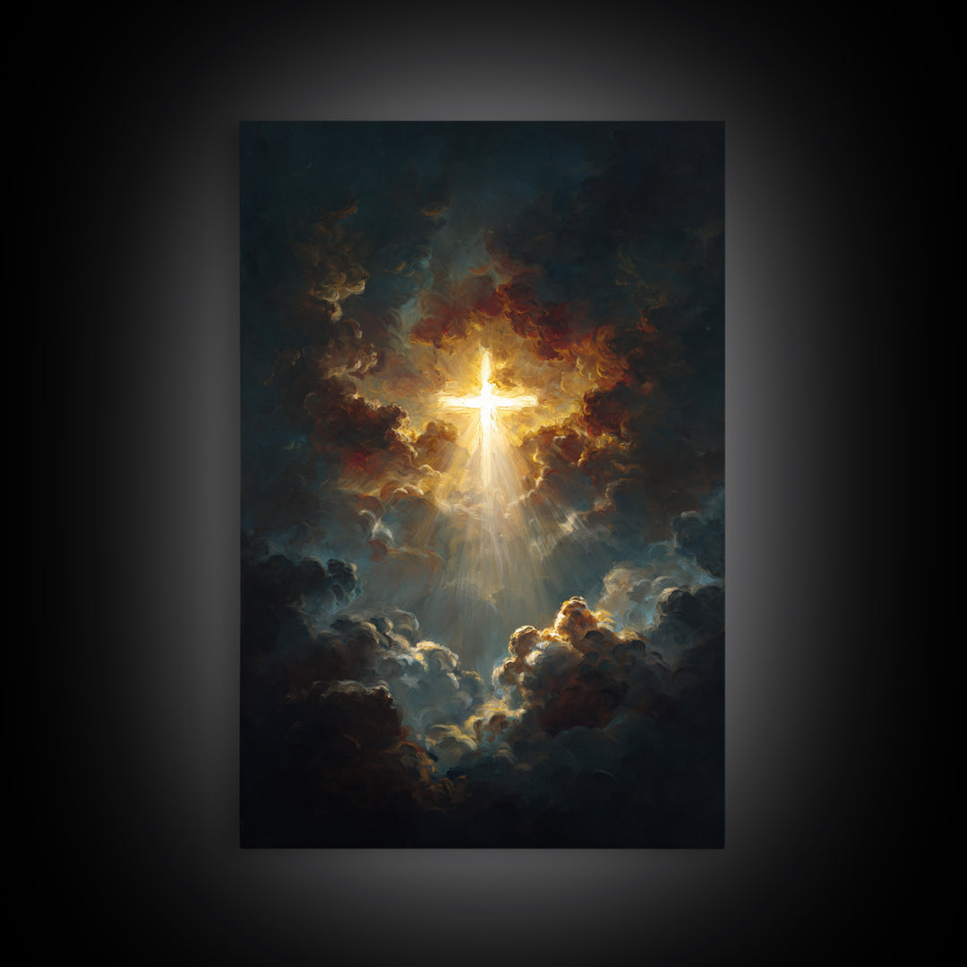 Radiant Golden Cross Amid Dark Clouds Inspirational Christian Wall Art Canvas Print For Home Decor