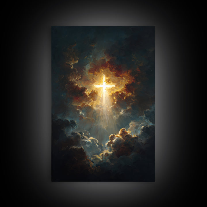 Radiant Golden Cross Amid Dark Clouds Inspirational Christian Wall Art Canvas Print For Home Decor