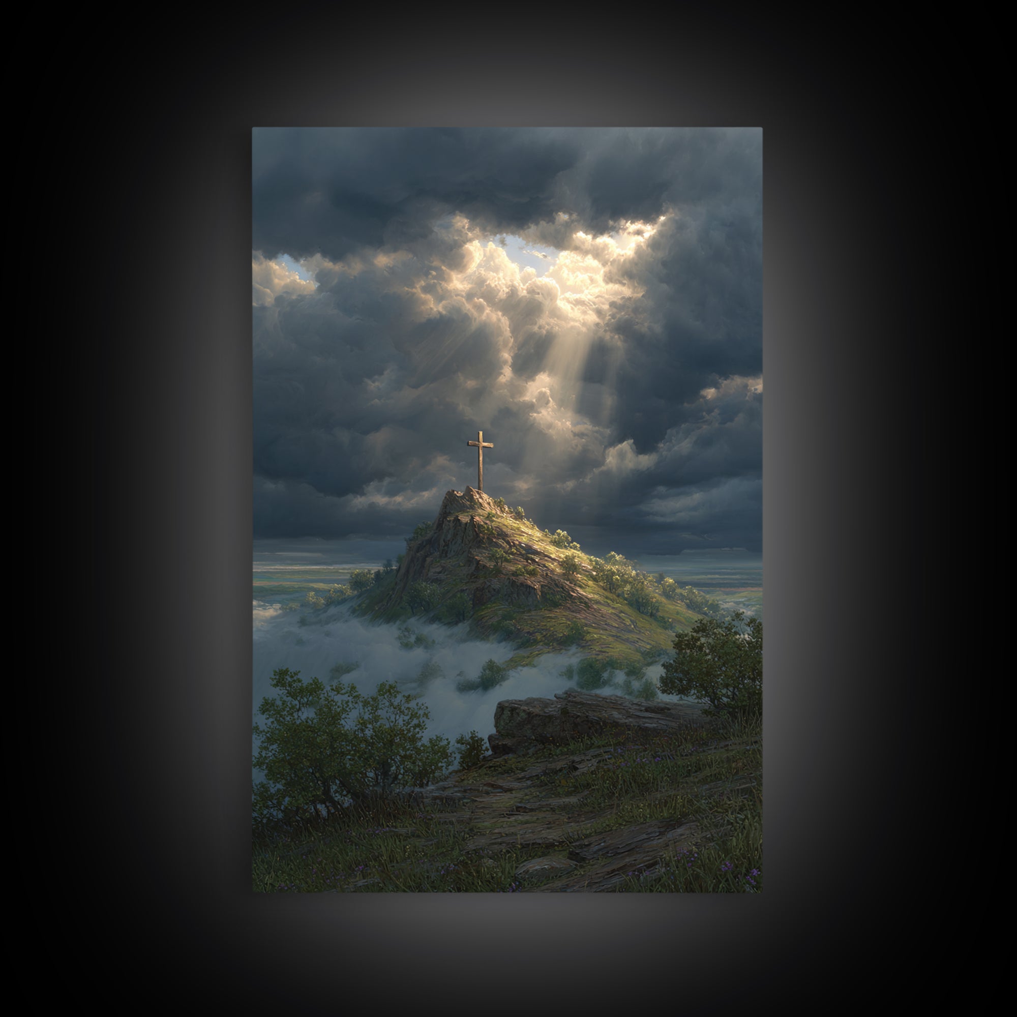 Cross On Mountain Dramatic Sky Contemporary Landscape Oil Painting Wall Art Framed Canvas Print Nature Inspired Home Decor