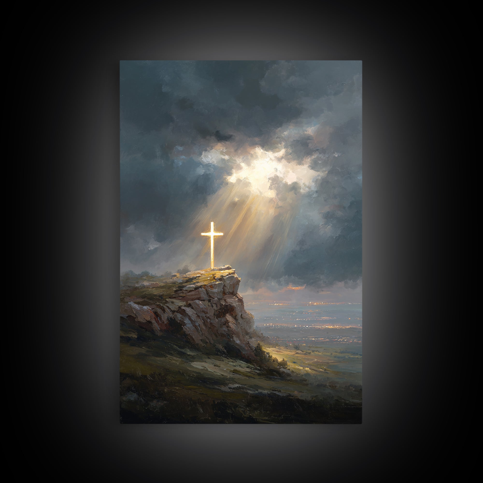 Dramatic Light Over Cliff Cross Spiritual Wall Art Framed Canvas Print For Inspirational Religious Home Decor Or Gift