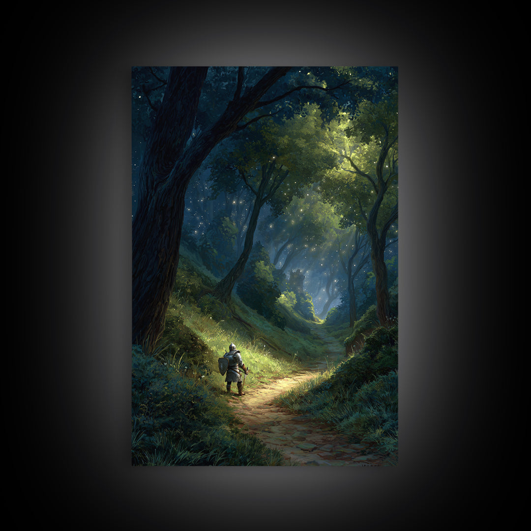 Majestic Knight on Trail in Enchanted Forest Fantasy Art Wall Art Canvas Print For Game Room or Bedroom Decor