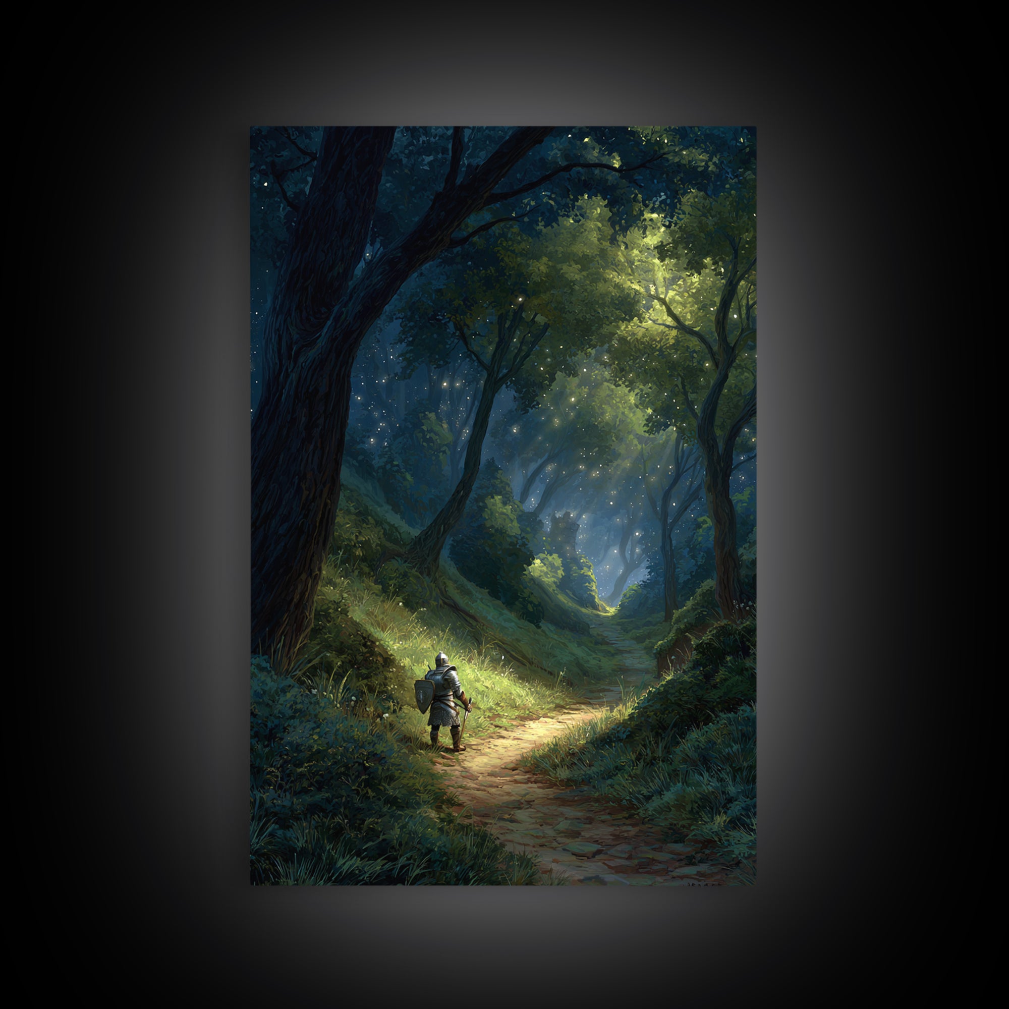 Majestic Knight on Trail in Enchanted Forest Fantasy Art Wall Art Canvas Print For Game Room or Bedroom Decor