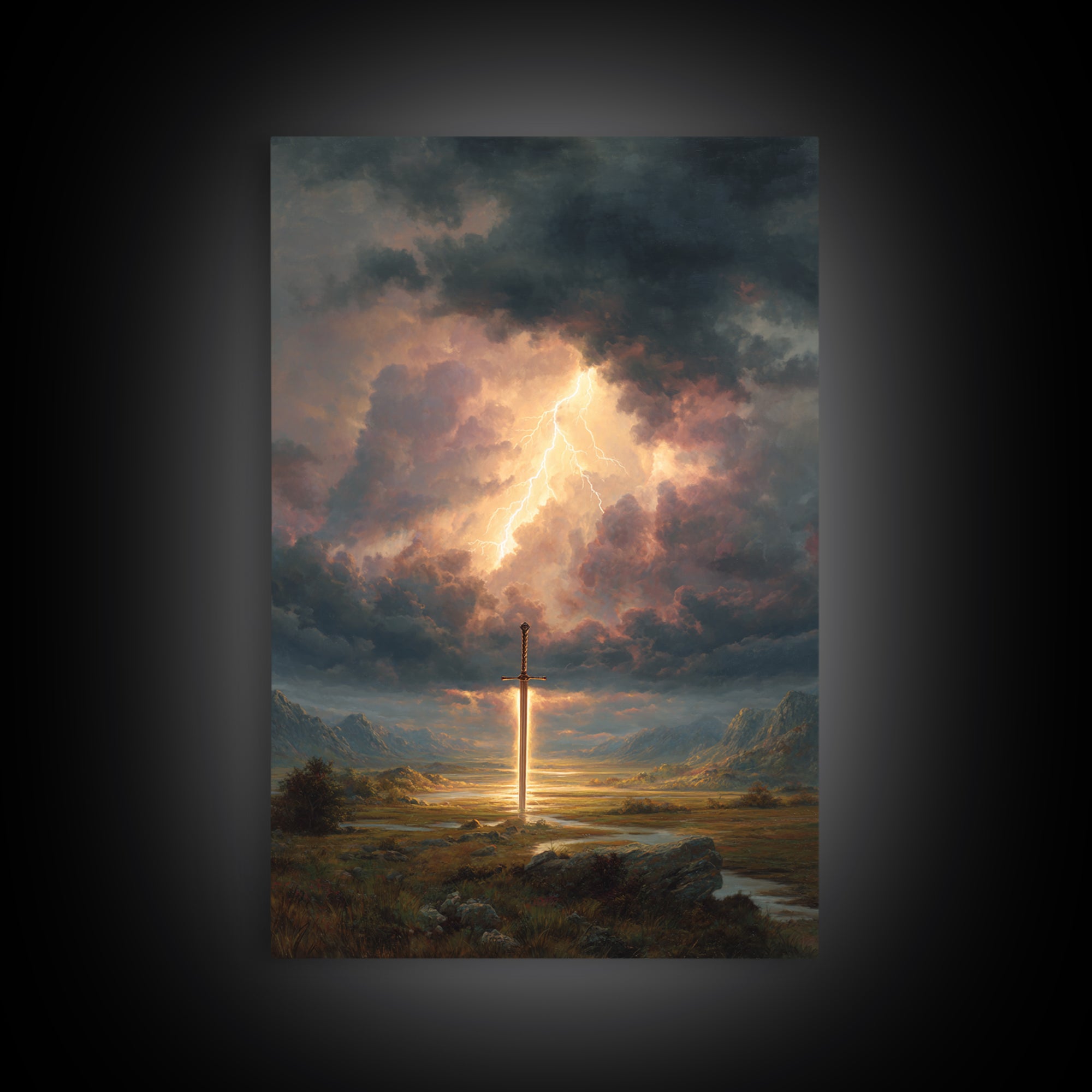 Epic Sword Lightning Storm Fantasy Wall Art Digital Painting Canvas Print For Fantasy Lovers And Gaming Room Decor