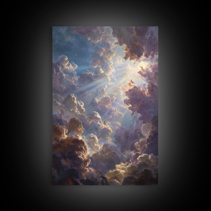 Dramatic Heavenly Clouds With Figures And Light Rays Spiritual Religious Wall Art Oil Painting Large Wall Art Framed Canvas Print