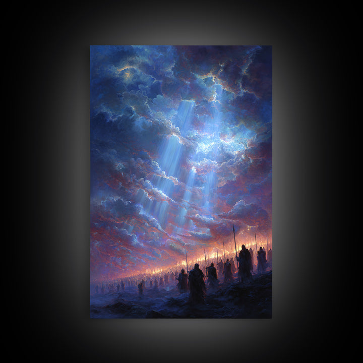 Epic Fantasy Army Under Dramatic Sky With Sun Rays Wall Art Framed Canvas Print For Bedroom or Office Decor