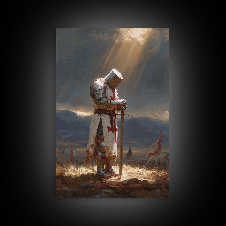 Medieval Knight In Shining Armor Oil Painting Wall Art With Moody Light Beams Epic Historical Art For Rustic Home Decor