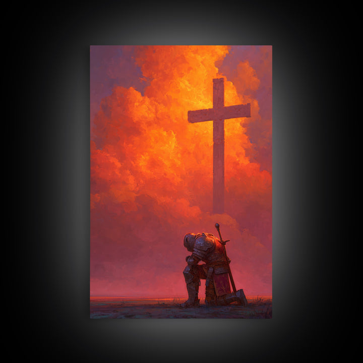 Medieval Knight Kneeling Before Cross In Fiery Sky Dramatic Fantasy Art Wall Art Canvas Print For Spiritual Decor