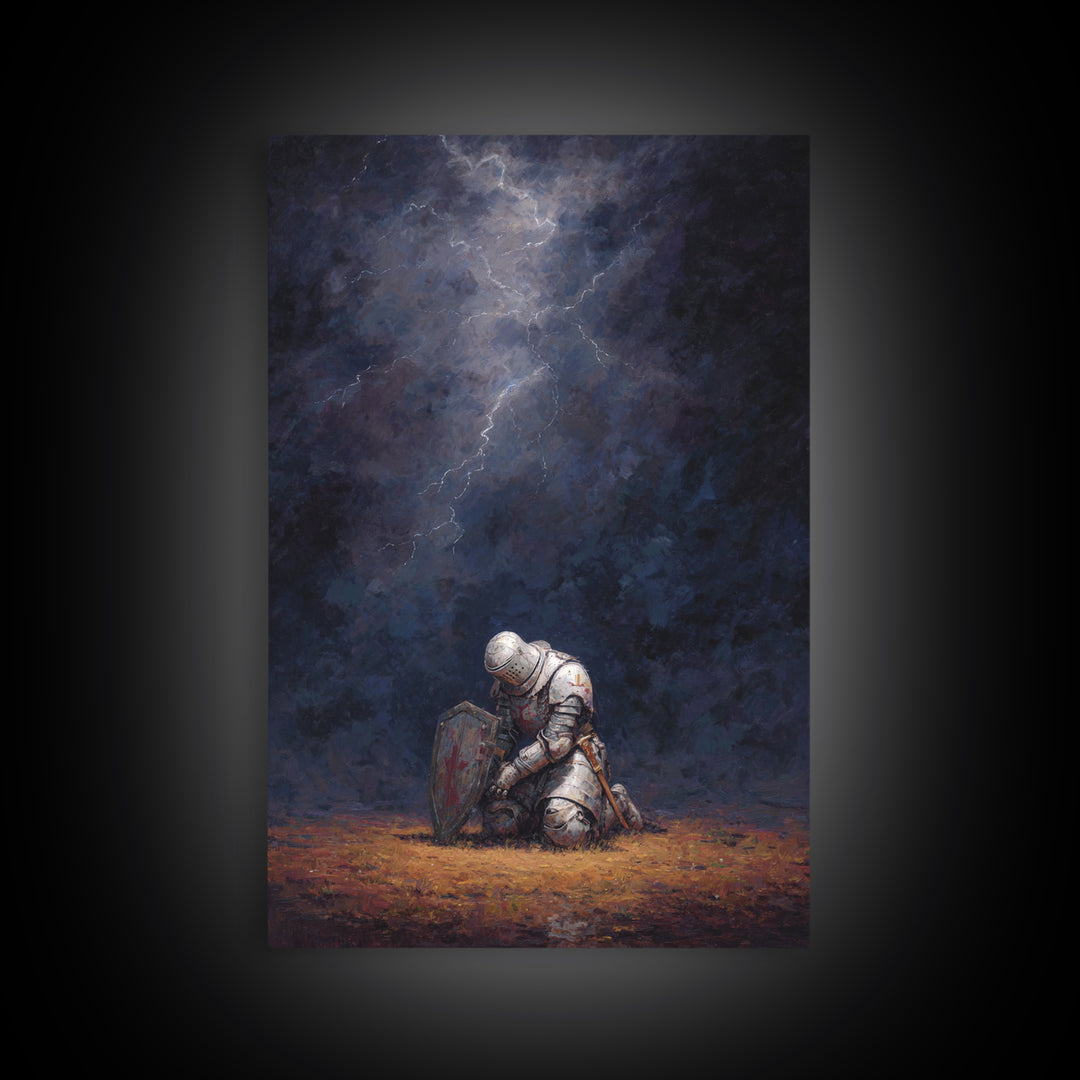 Kneeling Knight Painting With Dramatic Dark Stormy Sky Wall Art Canvas Print For Medieval Decor And Inspirational Office Wall Art