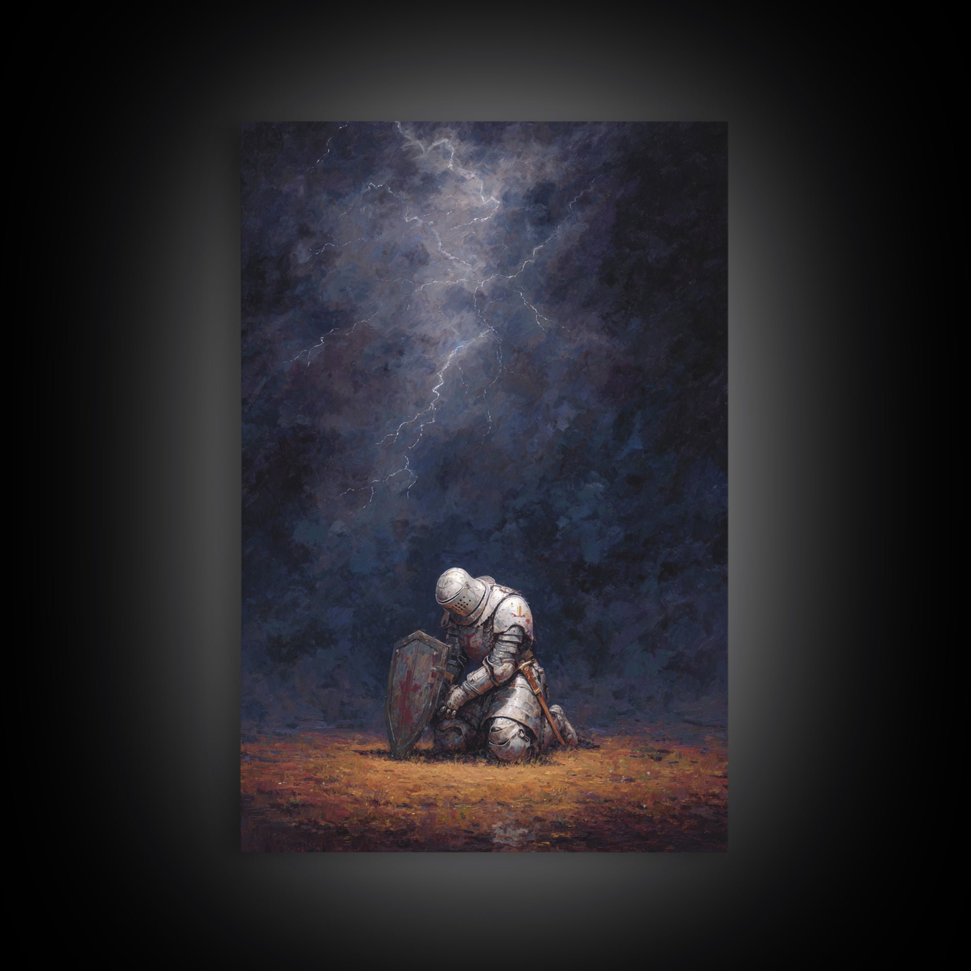 Kneeling Knight Painting With Dramatic Dark Stormy Sky Wall Art Canvas Print For Medieval Decor And Inspirational Office Wall Art
