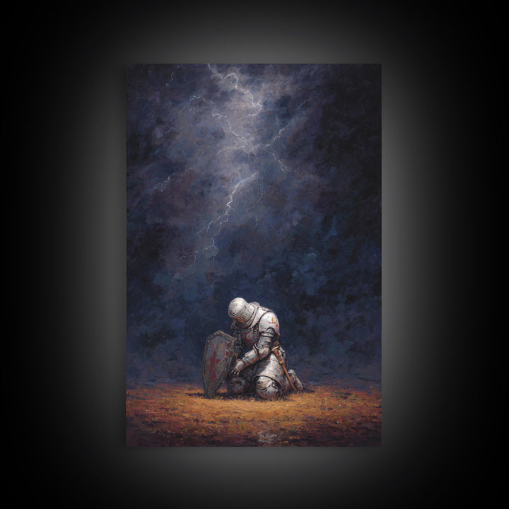 Kneeling Knight Painting With Dramatic Dark Stormy Sky Wall Art Canvas Print For Medieval Decor And Inspirational Office Wall Art