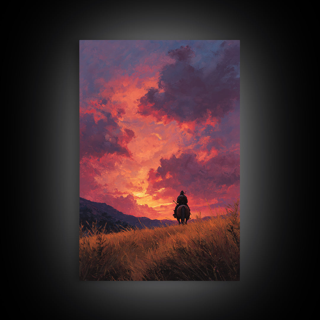 Epic Western Lone Rider On Horseback Silhouette Against Dramatic Sunset Sky Oil Painting Wall Art