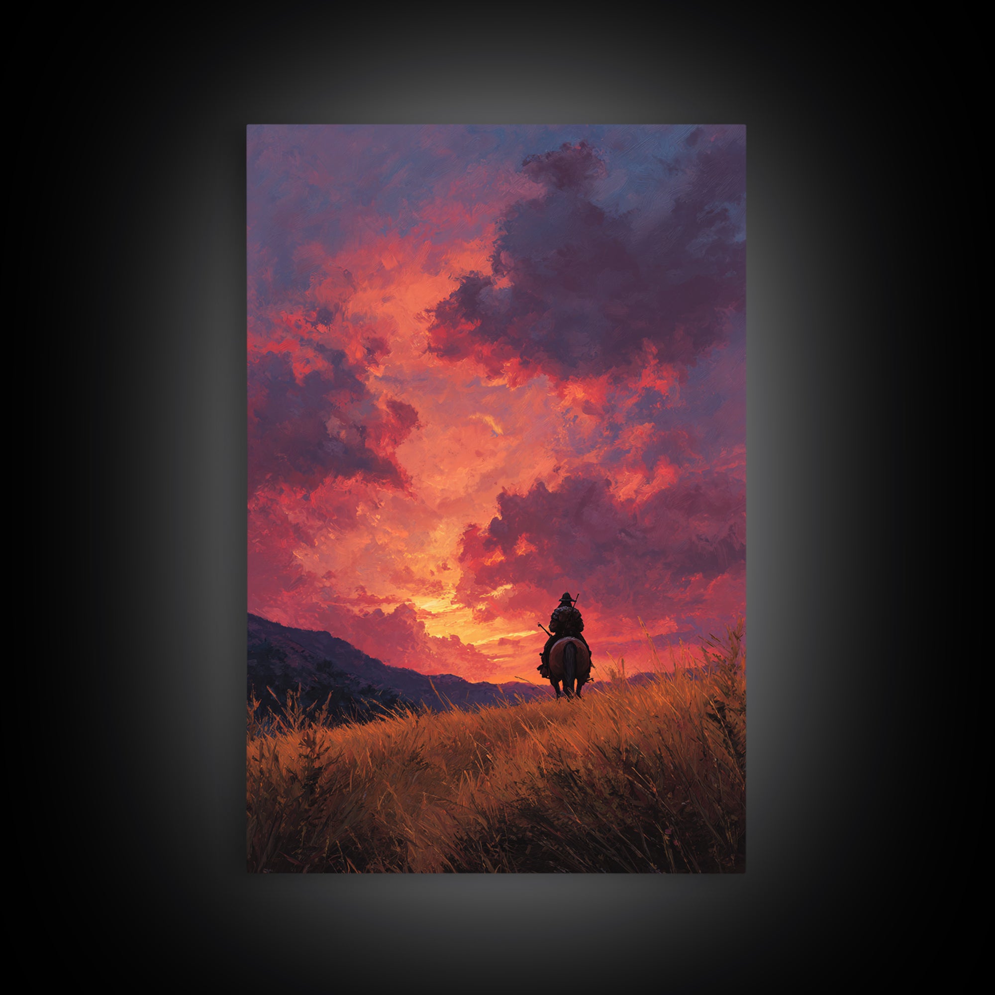 Epic Western Lone Rider On Horseback Silhouette Against Dramatic Sunset Sky Oil Painting Wall Art