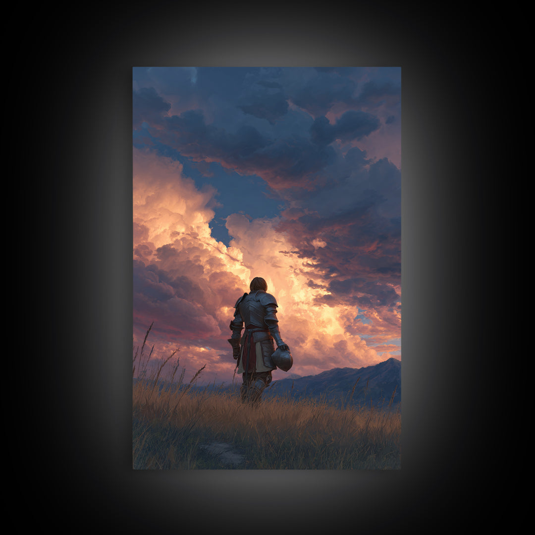 Knight Standing Under Dramatic Cloudy Sunset Sky Canvas Print Medieval Wall Art For Living Room And Office Decor