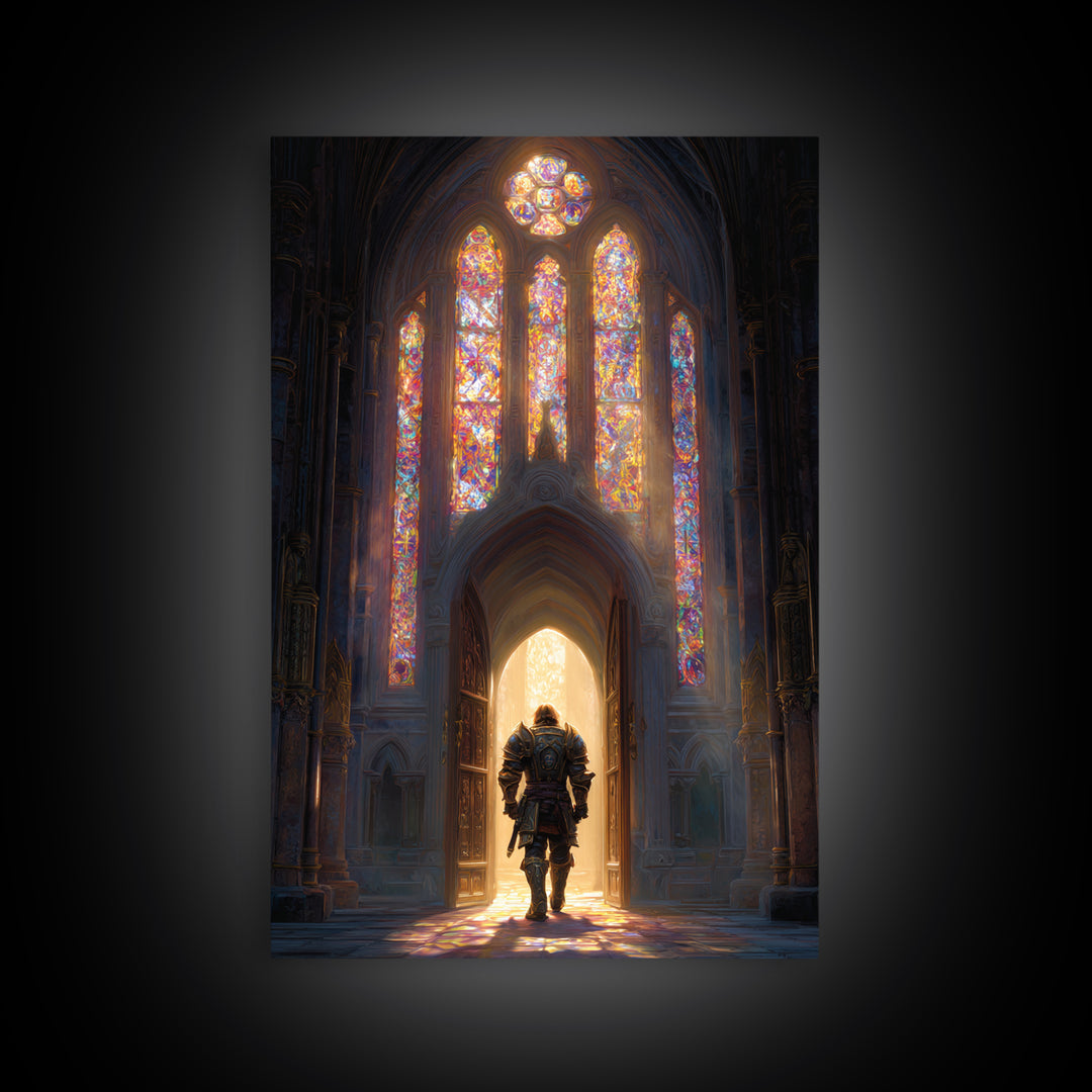 Fantasy Knight In Gleaming Armor Entering Stained Glass Lit Castle Hall - Epic Wall Art Framed Canvas Print For Fantasy Fans