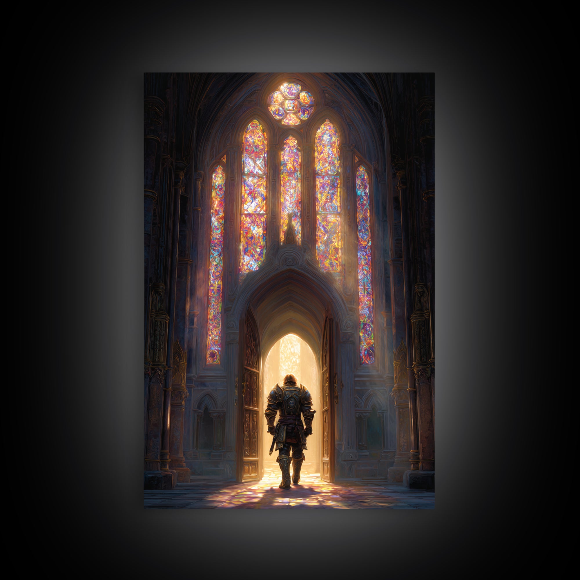 Fantasy Knight In Gleaming Armor Entering Stained Glass Lit Castle Hall - Epic Wall Art Framed Canvas Print For Fantasy Fans
