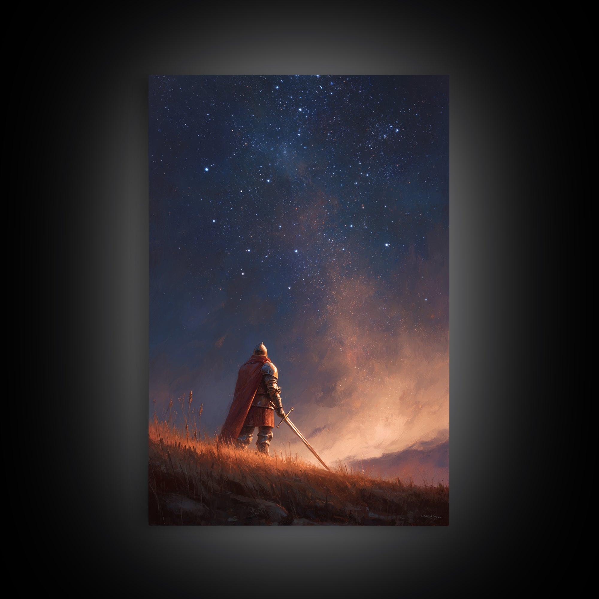 Knight Standing Under Starry Night Sky With Sword Illustration Fantasy Wall Art Framed Canvas Print For Home Decor