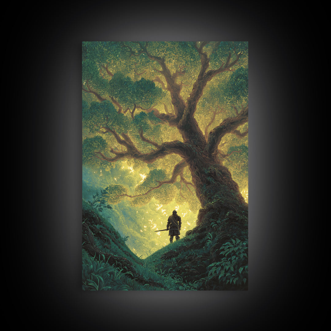 Fantasy Artwork Knight Standing Under Enchanted Glowing Tree In Mystical Forest - Canvas Print For Magical Wall Art And Fairytale Home Decor