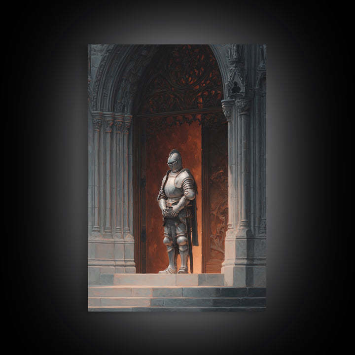Medieval Knight Armor Standing At Gothic Cathedral Doorway Wall Art Framed Canvas Print For Home Decor Enthusiasts