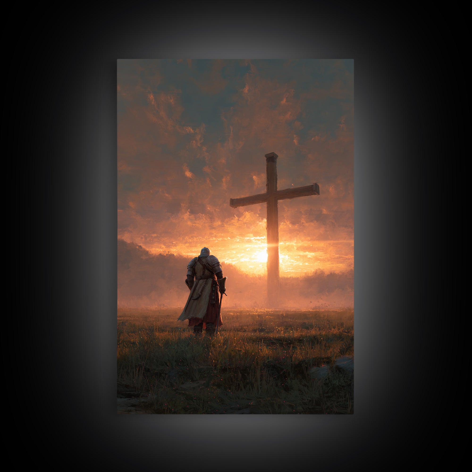 Knight Kneeling Before Large Cross At Sunset Spiritual Wall Art Framed Canvas Print Religious Artwork For Home Decor
