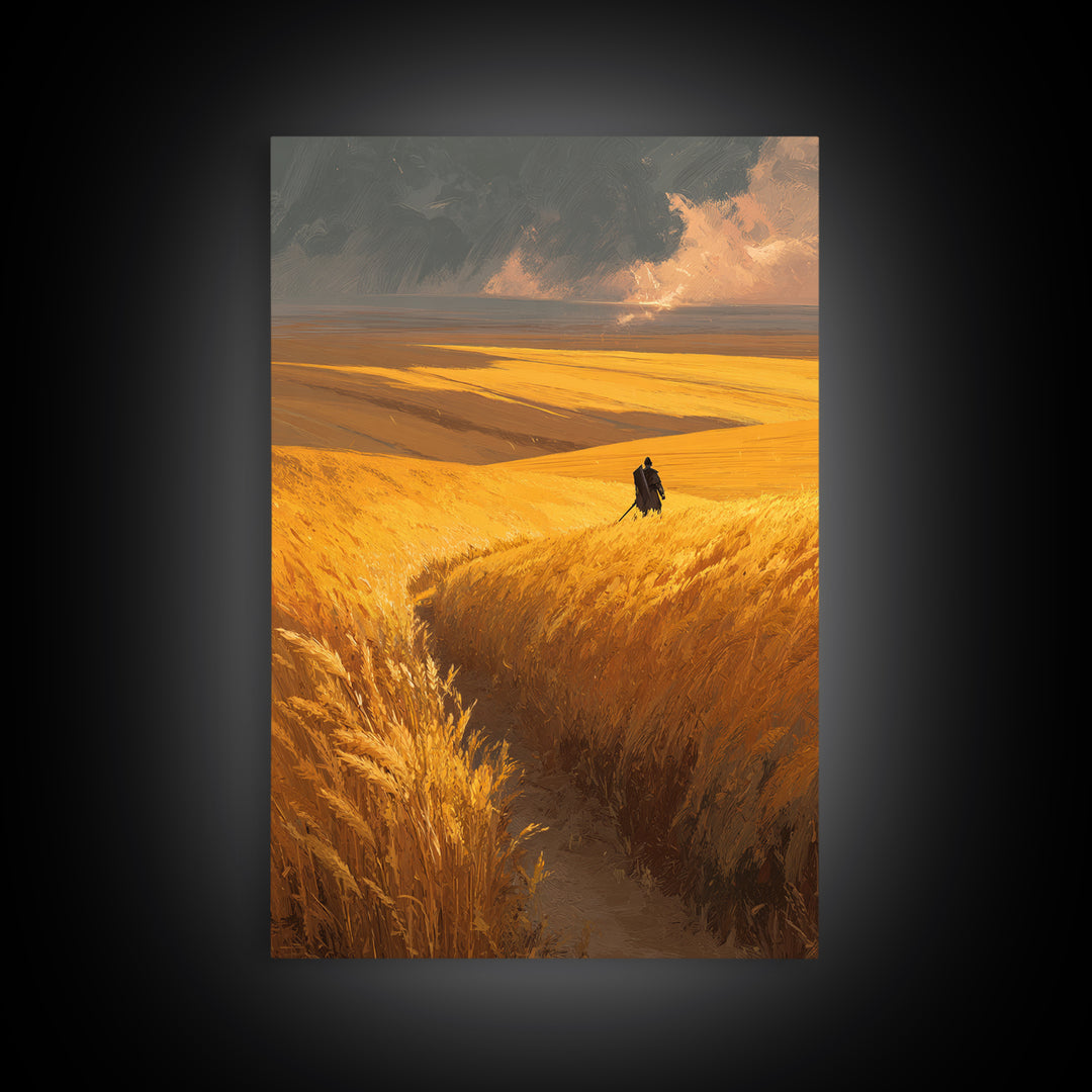 Expansive Golden Wheat Field With Lone Figure Walking Abstract Landscape Wall Art Modern Canvas Print For Rustic Home Or Office Decor