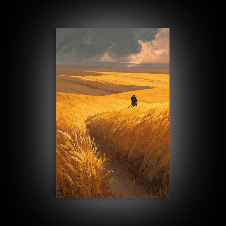 Expansive Golden Wheat Field With Lone Figure Walking Abstract Landscape Wall Art Modern Canvas Print For Rustic Home Or Office Decor