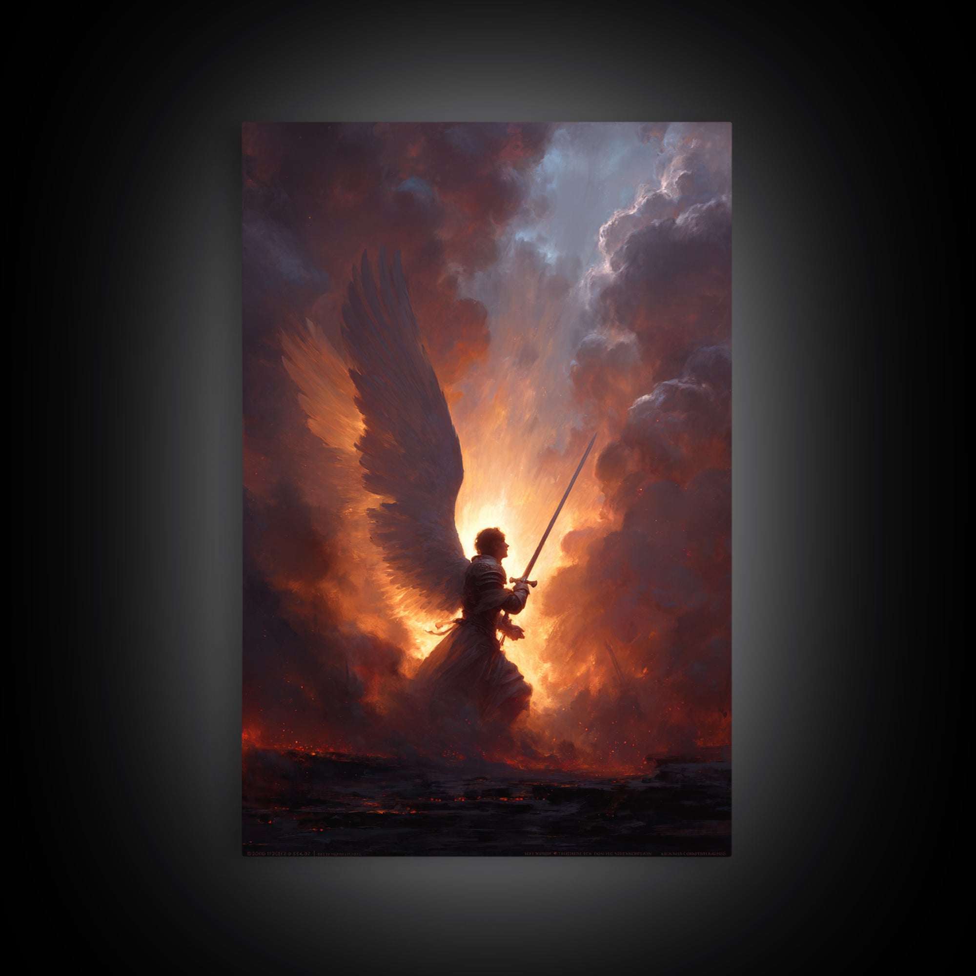Epic Angel Warrior With Sword Radiant Light And Fiery Background Fantasy Art Framed Canvas Print For Home