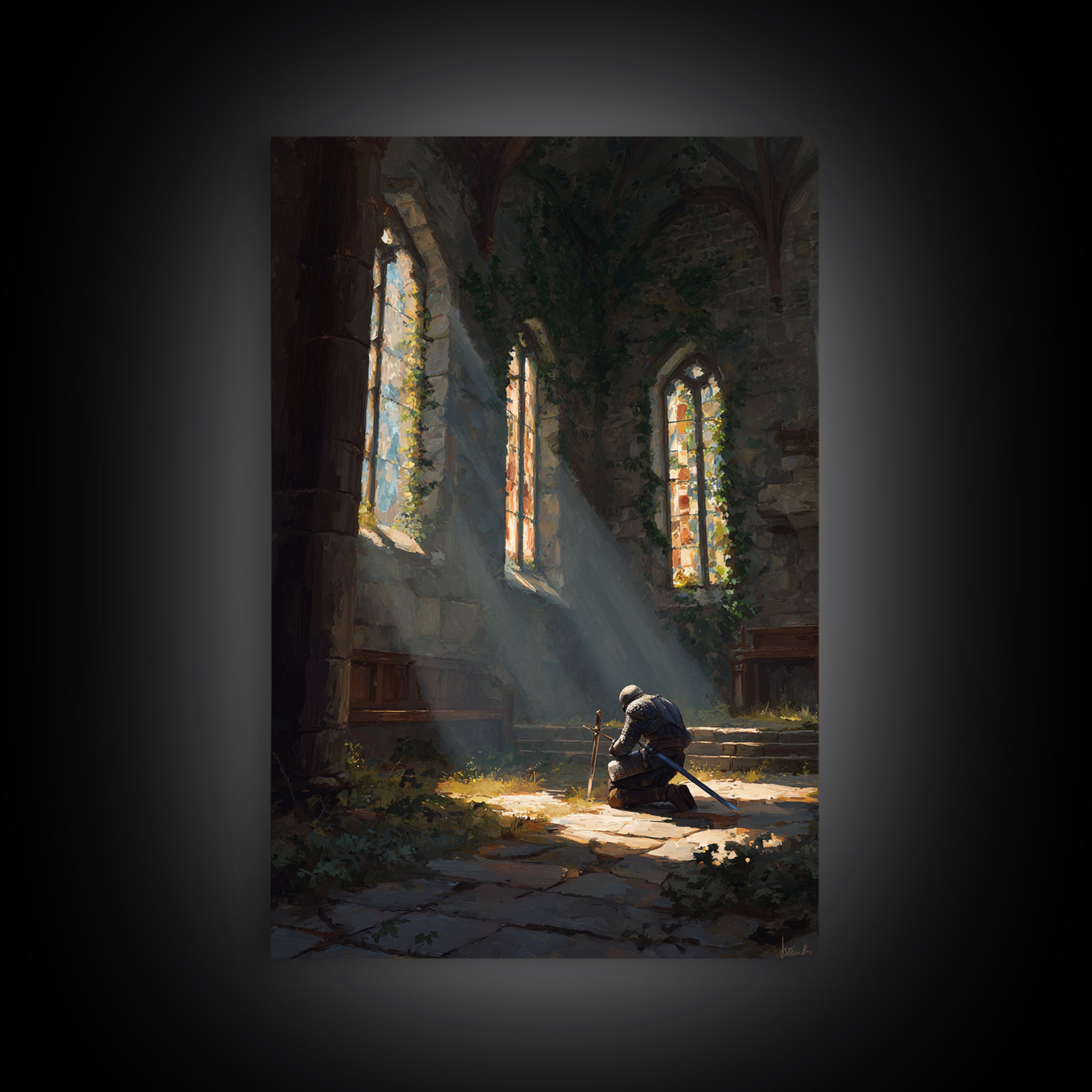 Medieval Knight Kneeling In Chapel With Sunlight Rays Warm Oil Painting Wall Art For Living Room Decor And Gift
