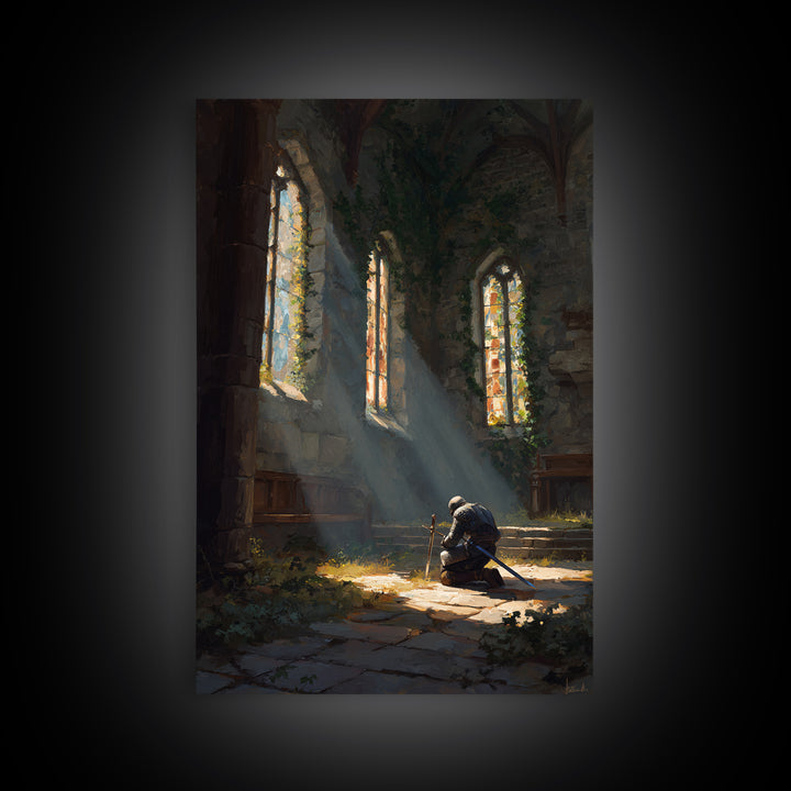 Medieval Knight Kneeling In Chapel With Sunlight Rays Warm Oil Painting Wall Art For Living Room Decor And Gift