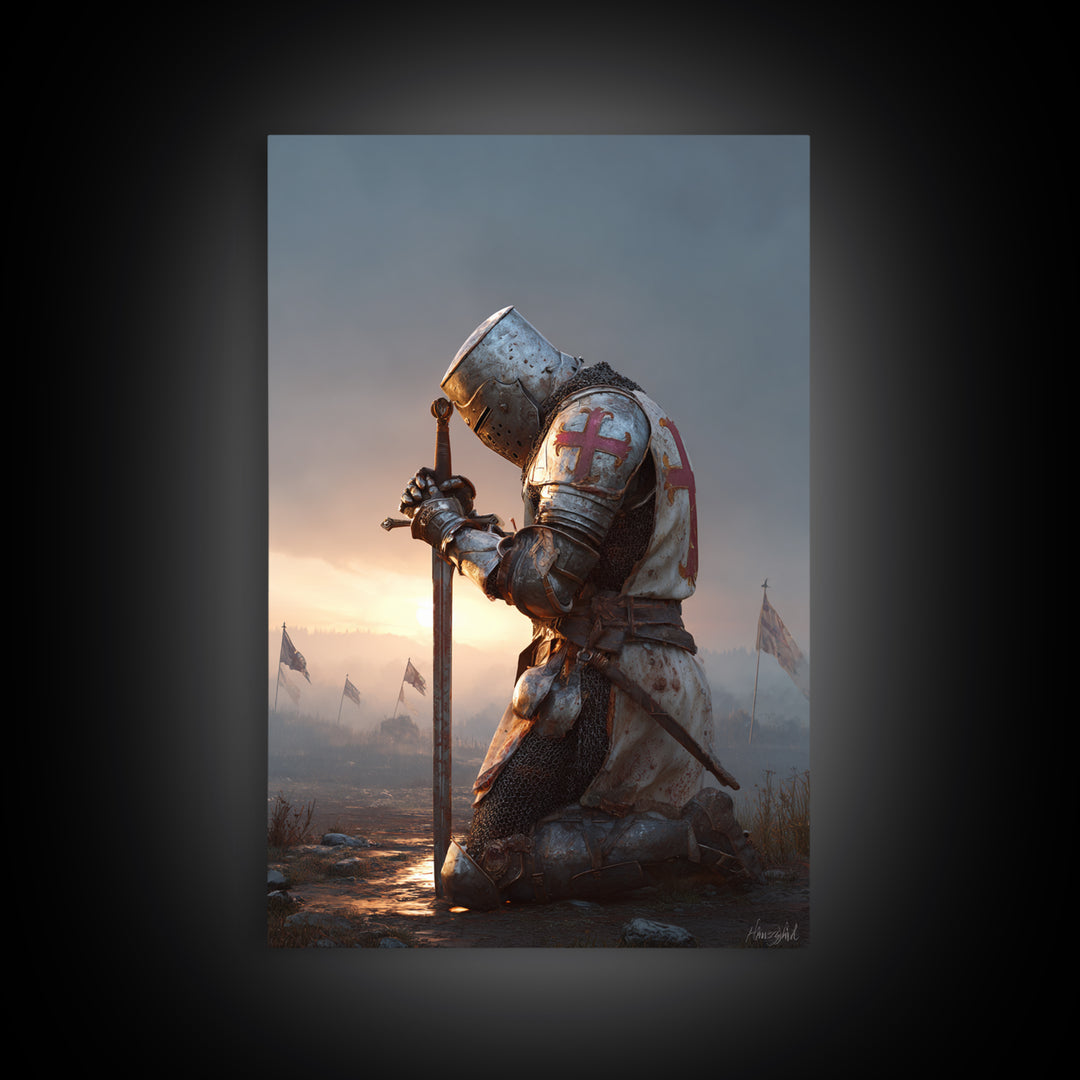Medieval Knight In Armor Kneeling With Sword At Sunset Dramatic Fine Art Print For Historical And Fantasy Wall Art