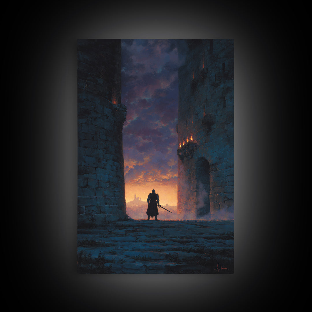 Knight Standing Between Ancient Castle Towers At Sunset With Sword Wall Art Framed Canvas Print For Home Decor