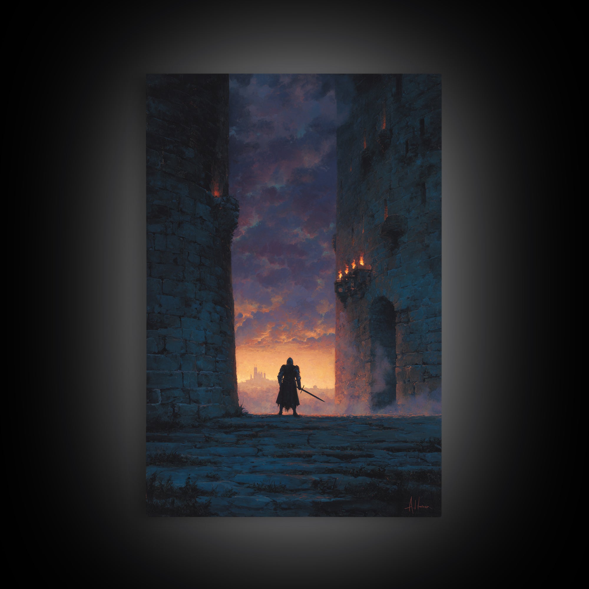 Knight Standing Between Ancient Castle Towers At Sunset With Sword Wall Art Framed Canvas Print For Home Decor