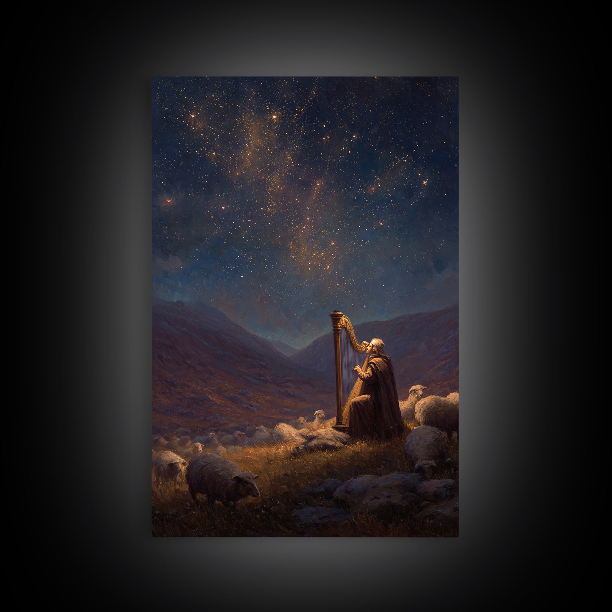 Harp Player In Mountain Landscape Classic Religious Wall Art Oil Painting Framed Canvas Print