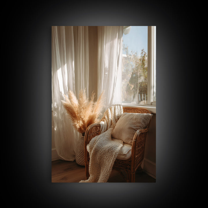 Cozy Wicker Chair And Pampas Grass Wall Art, Neutral Boho Home Decor, Sunlit Bedroom Canvas Print, Housewarming Gift For Her