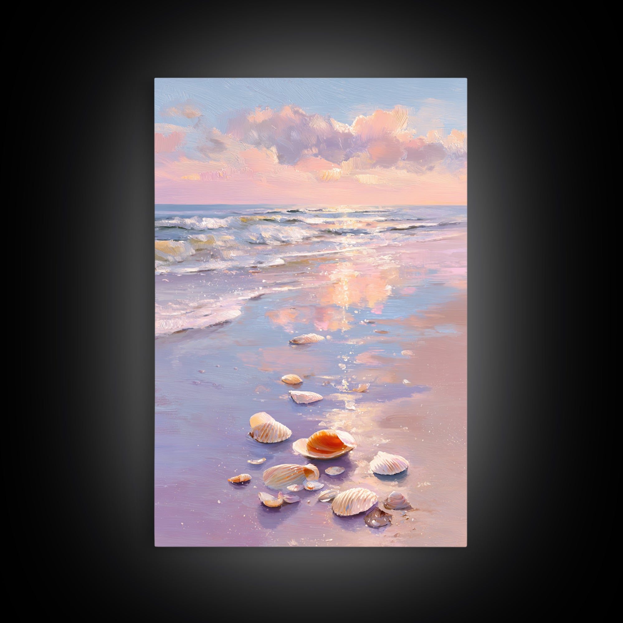 Pastel Seashell Beach Sunset Canvas Print, Coastal Wall Art, Ocean Painting, Beach House Decor, Seascape, Gift For Her, Home Decor