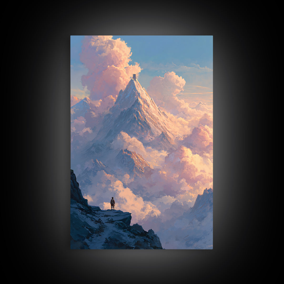 Epic Mountain Landscape With Pilgrim And Tower Framed Canvas Print Majestic Nature Wall Art Dramatic Sky Wall Decor