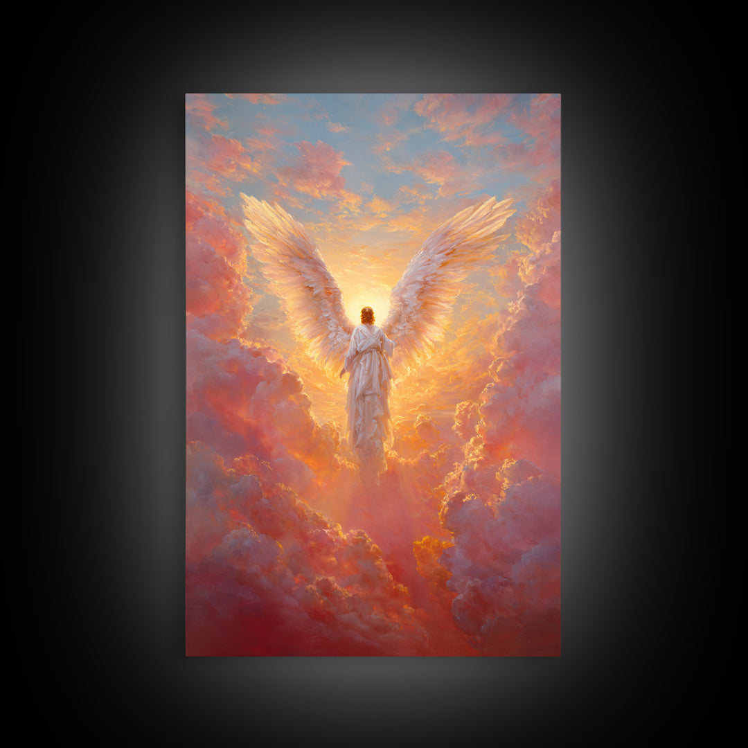 Glowing Angel In Radiant Sunset Sky Symbolic Spiritual Painting Wall Art Framed Canvas Print