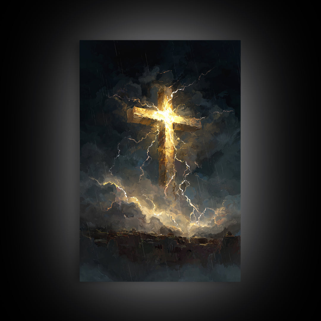 Powerful Cross Illuminated In Stormy Dark Sky Christianity Religious Wall Art Framed Canvas Print