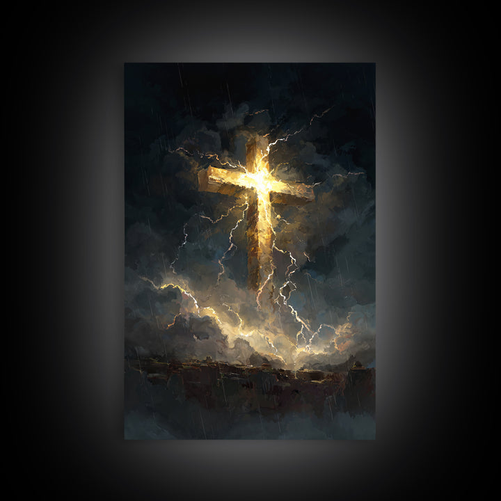 Powerful Cross Illuminated In Stormy Dark Sky Christianity Religious Wall Art Framed Canvas Print