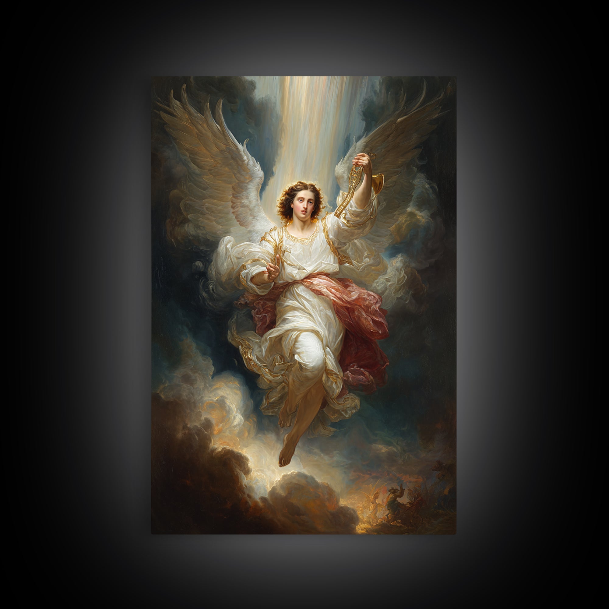 Radiant Angel In White Robes With Gold Accents And Warm Glowing Light - Framed Canvas Print For Home Decor