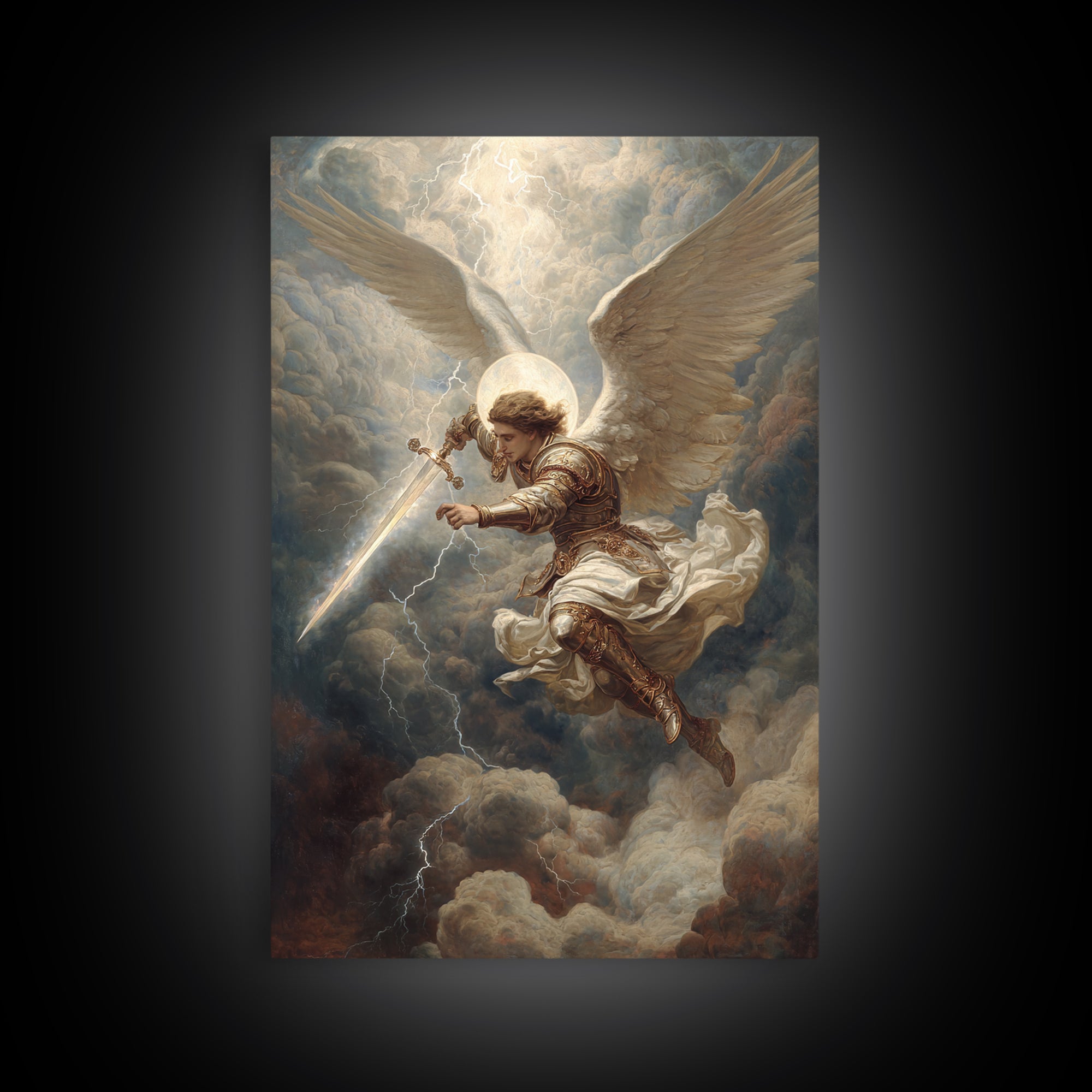 Majestic Archangel With Sword In Stormy Skies Wall Art Framed Canvas Print For Spiritual Home Decor